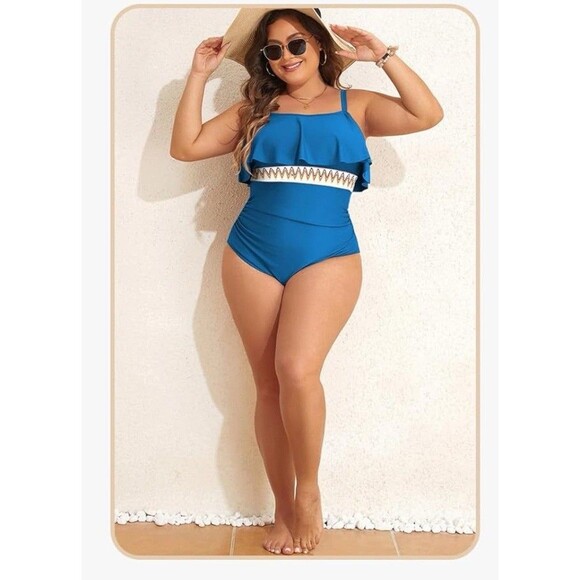 Womens Plus Size One Piece Swimsuit Ruffle Trim Tummy Control blue size 3X - Picture 1 of 16